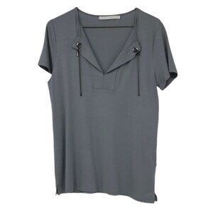 Lauren Vidal blue grey short sleeve viscose Chained  V-neck blouse Med